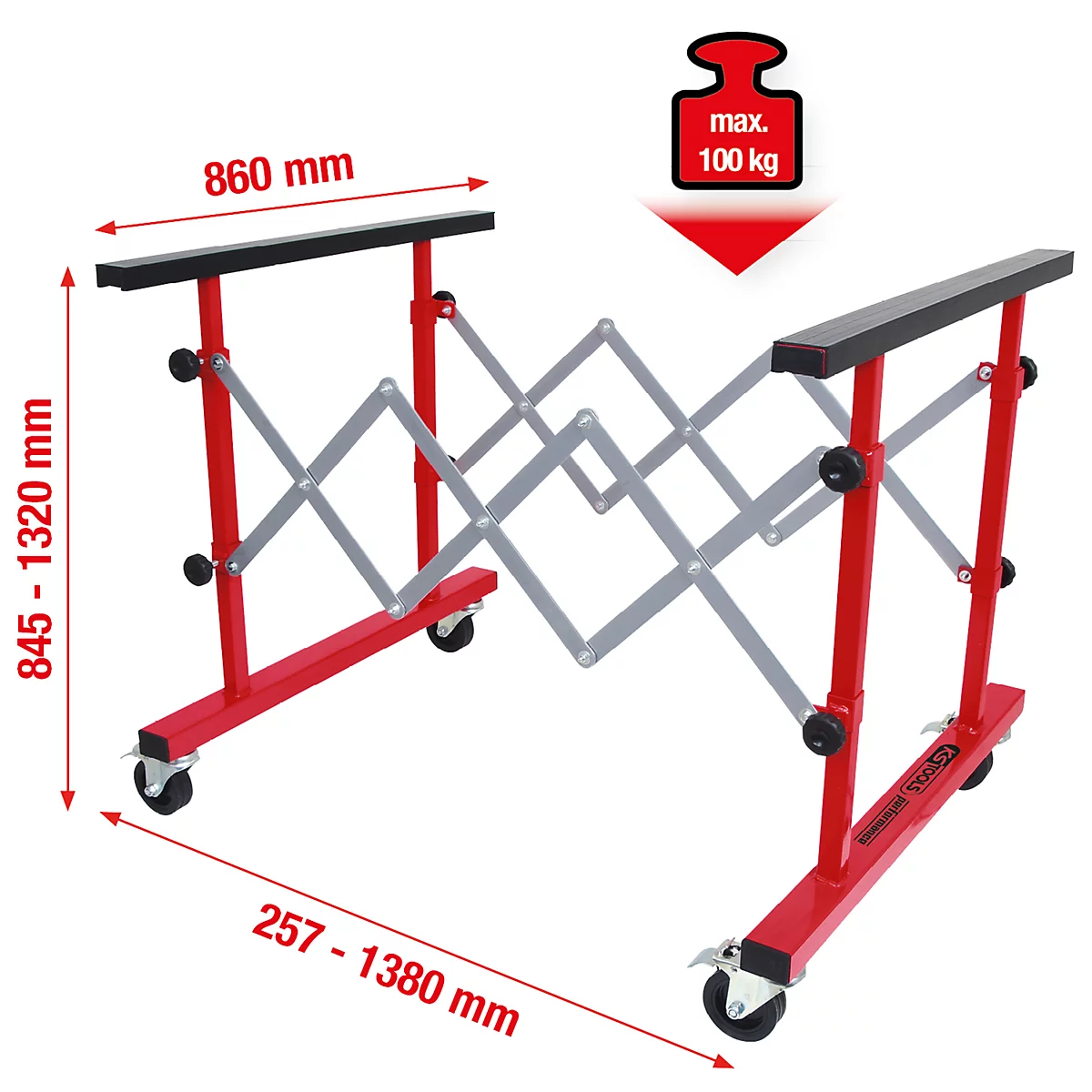 Rote, ausziehbare Werkstattstütze mit schwarzen Auflagen und silbernen Scherengittern. Angaben zu Maßen und Belastung.